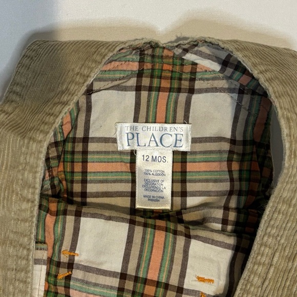 The Children’s Place Corduroy Overalls & Hat Set | 12 Months | Tan Plaid Lined - Picture 4 of 6